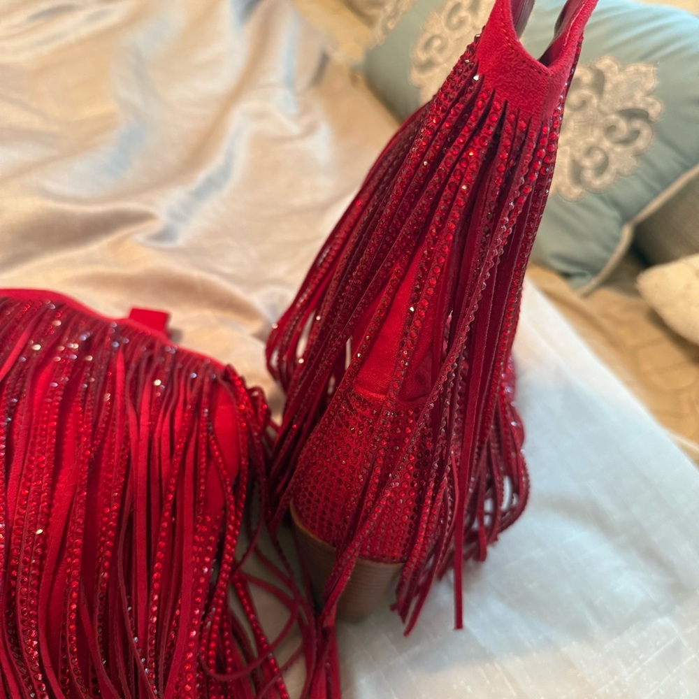 Red Fringe Women's Boots western sequence size 8 que piano zipper - Picture 4 of 8